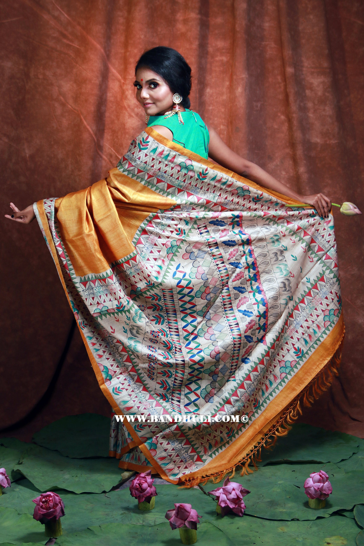 Golden Madhubani Painted Tussar Saree